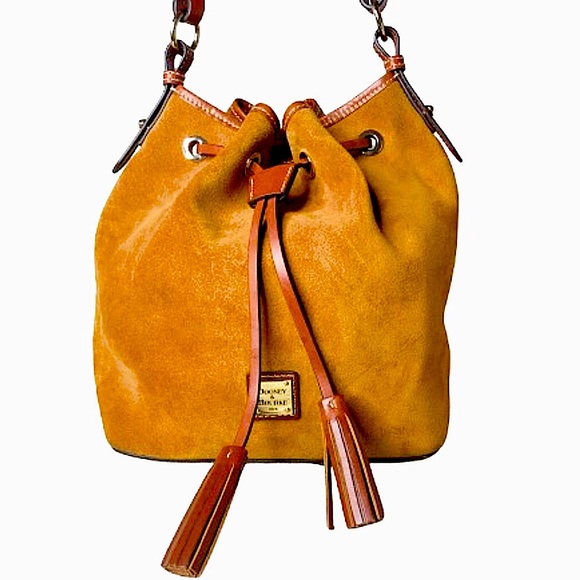 Dooney & Bourke Handbags - DOONEY BOURKE Honey Suede Bucket Bag w/ Brown Leather Drawstring Tassel Pull